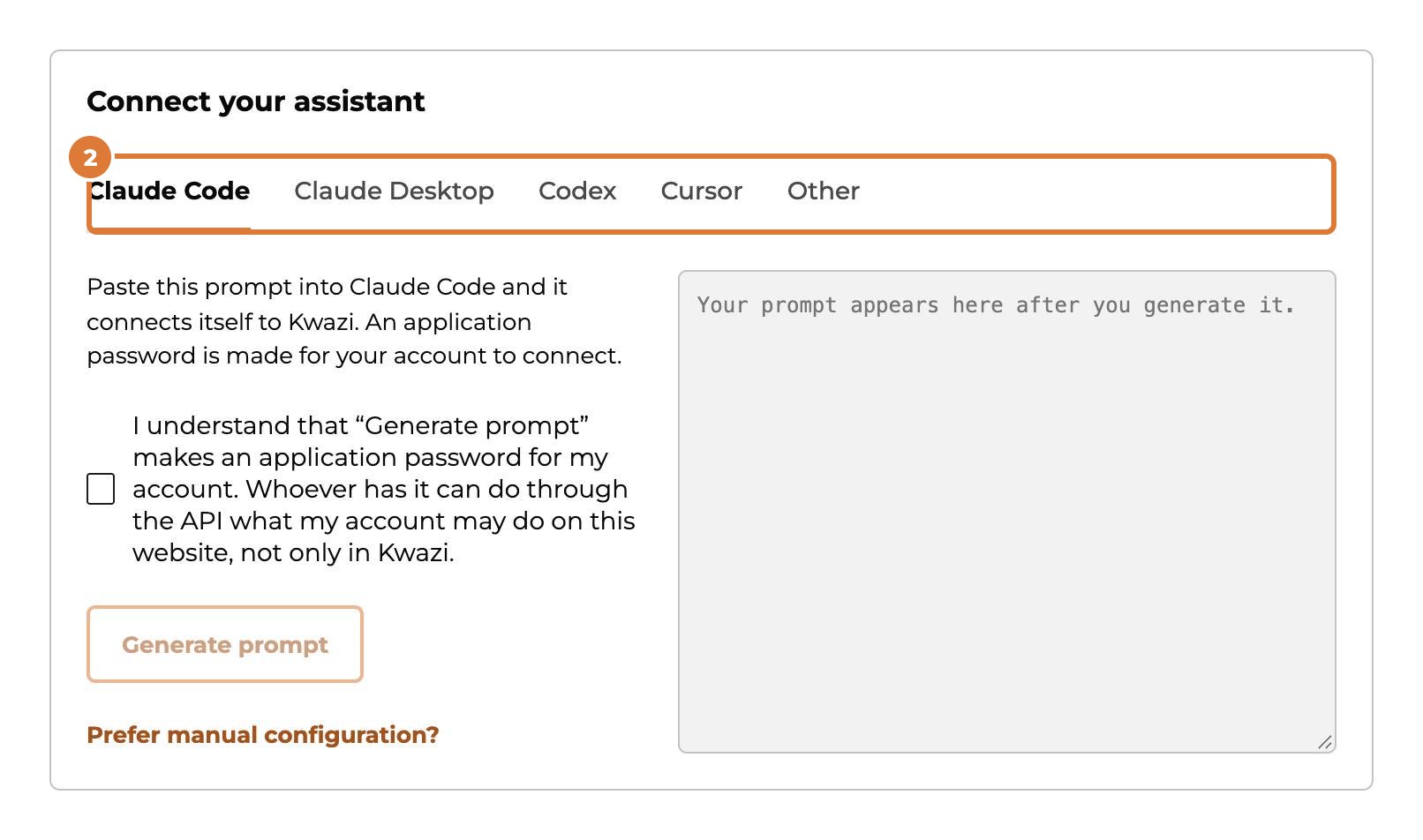 Claude, Codex, Cursor of een andere AI-assistent koppelen, stap 2