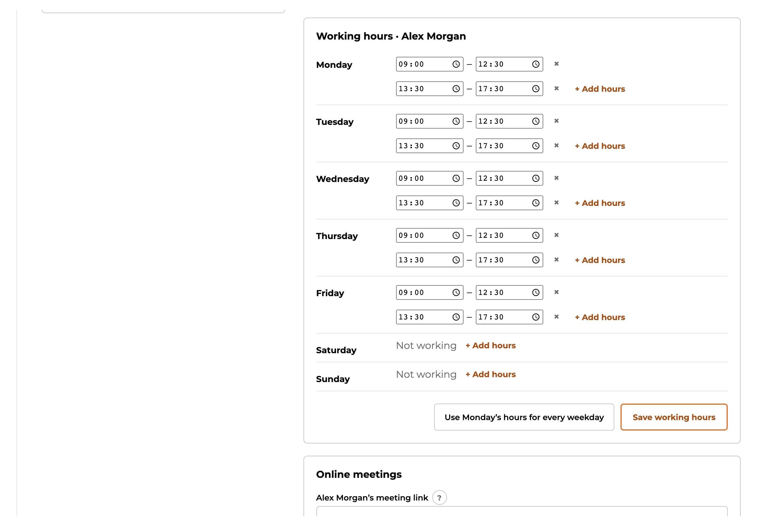 Set your working hours and time off, step 1