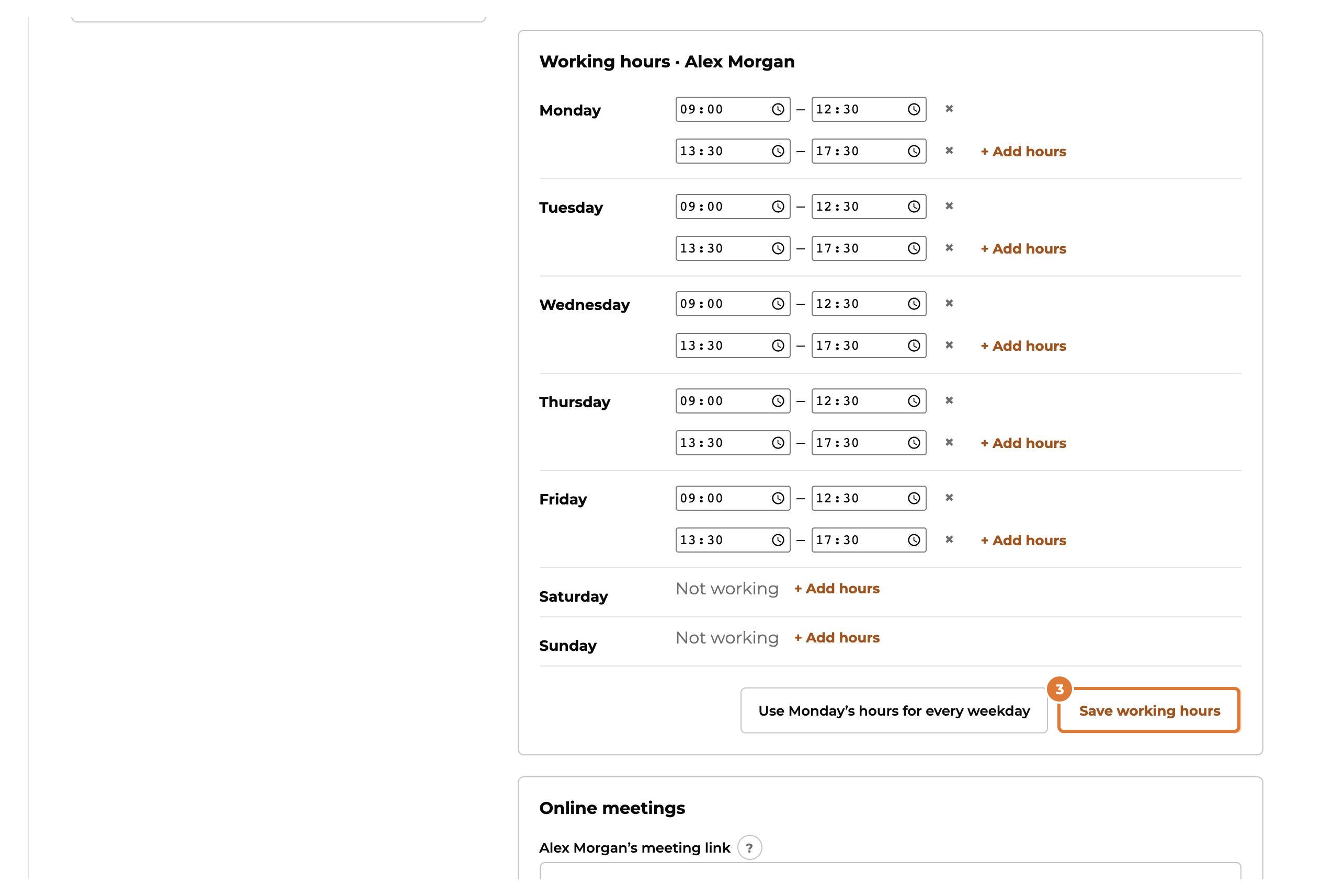 Set your working hours and time off, step 3