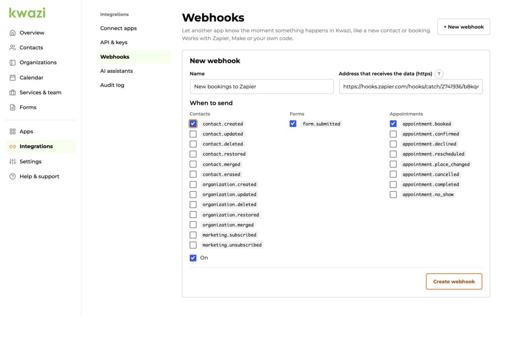 Sending new bookings from Kwazi to Zapier